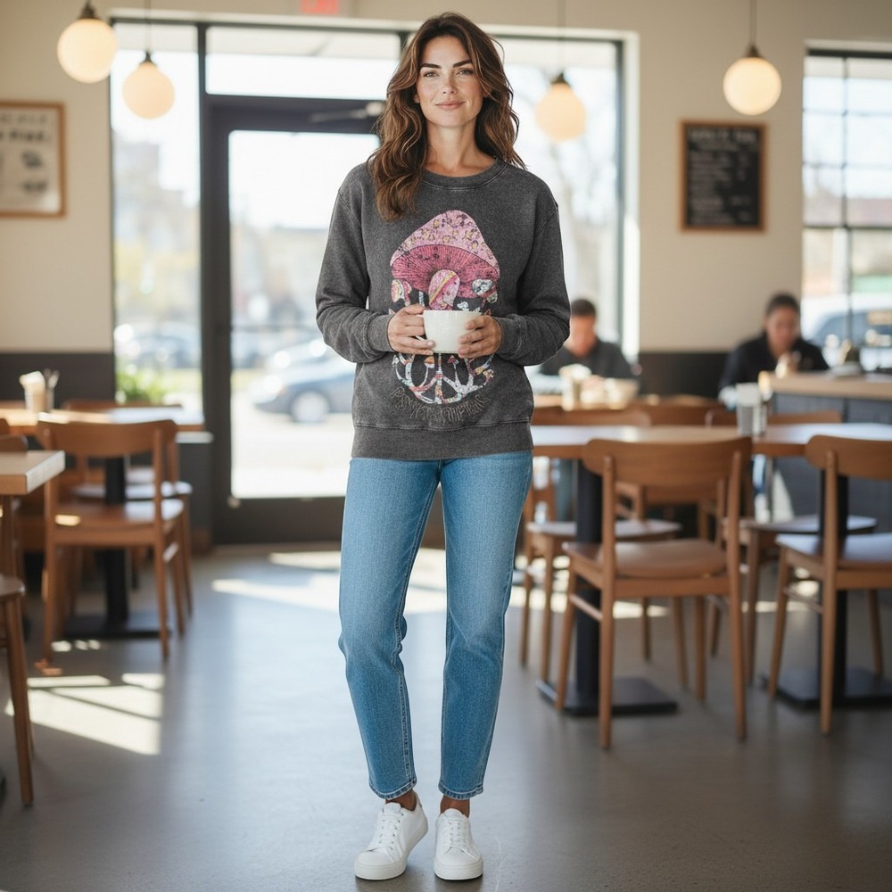 Forever 21 Sweatshirt Small Gray‎ EUC Mushroom Psychedelics Graphic Pullover